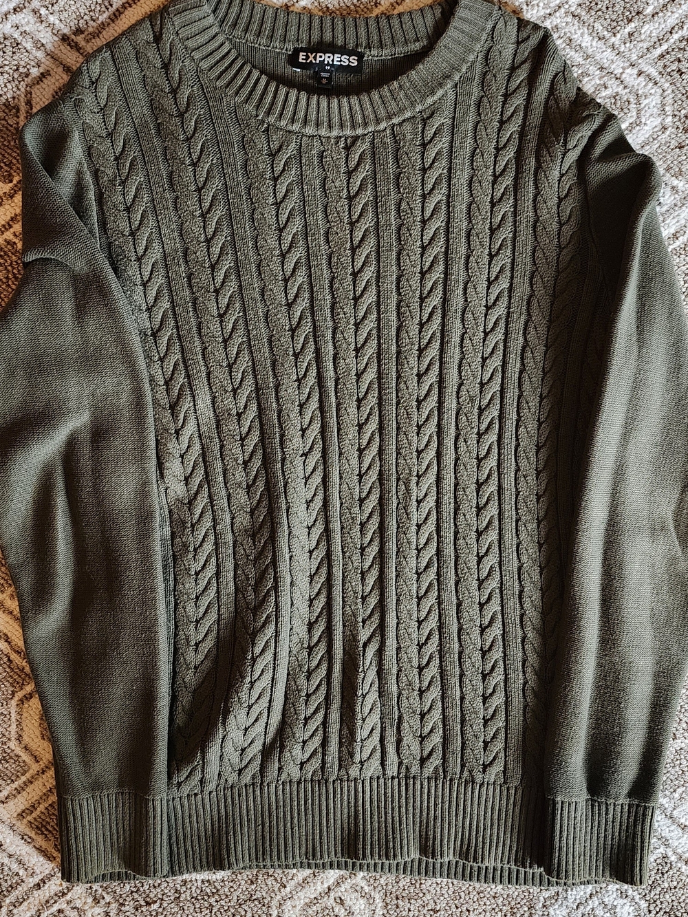 Express Men's Olive Green Cable Knit Crewneck Sweater